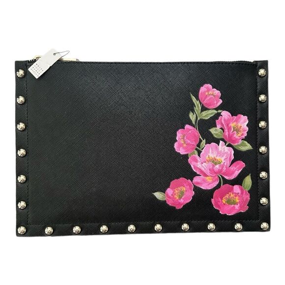 WHBM White House Black Market Large Studded Wristlet Clutch Bag Black Floral - Picture 1 of 6